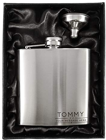 Personalised Stainless Steel 6oz Hip Flasks in a Black Lined Satin Gift Box + Funnel (Design 2)
