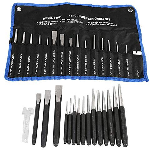 Mechanics Punches, 16Pcs High Quality Steel Mechanics Punches and Chisel Set Pin Centre Taper Cold Gauge