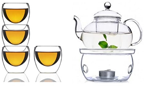 600 ml Heat Resistant Glass Tea Coffee Pot Set with Infuser + 4 x 80 ml Cup