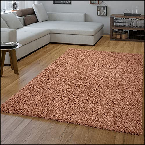 TT Home Wohnzimmer Teppich Hochflor Langflor Shaggy Soft Unifarben Modern Einfarbiges Design, Farbe: Terracotta, Größe:Ø 120 cm Rund