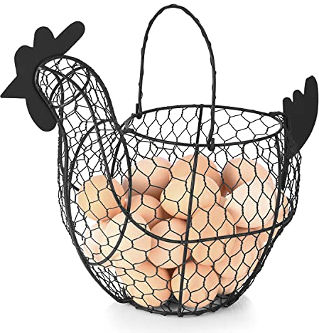 Flexzion Cesta de huevo de gallina, soporte de almacenamiento de huevos con asa, para huevos, frutas, verduras, estilo rústico de granja, color negro