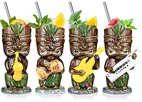 Tiki Glasses Mugs for Cocktails Hawaiian Tiki Mugs 13oz Set of 4 Ceramic Tropical Party Drink Cups Tiki Glass Bar Decor Vintage Music Band Drinking Cup Decorations Drinkware Barware
