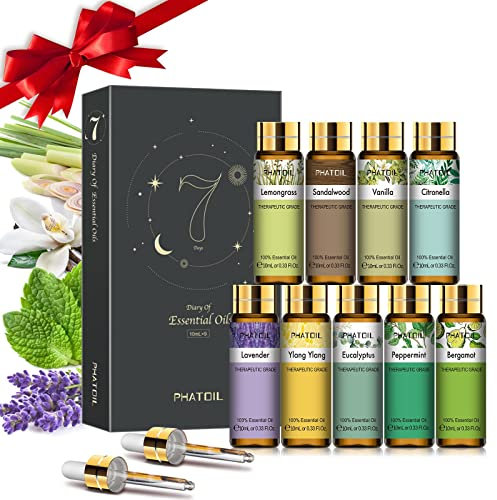 PHATOIL Coffret D'huiles Essentielles Bio pour Diffuseur 9 x 10 ml, Citronnelle-1, Bois de Santal, Vanille, Citronnelle-2, Lavande, Ylang, Eucalyptus, Menthe Poivrée, Bergamote