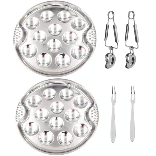 lilico 2 Ensembles/6 Pcs Assiette Escargot Assiette Huitre Service Escargot Assiette De Service à Escargots en Acier Inoxydable 12 Trous Fourchette Huitre Pince A Escargot