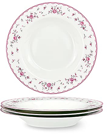 fanquare 21.8cm Wide and Shallow Soup Bowls Set of 4, Porcelain Pink Rose Floral Soup Plates Set, White Pasta Bowls