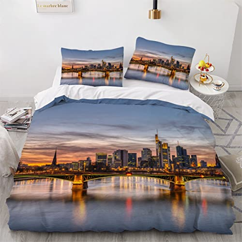 Bettwäsche 155x220cm Deutschland Frankfurt Landschaft Bettbezug SetHauptfluss Nach Sonnenuntergang Bettwäsche Set 3D Mikrofaser Reißverschluss Bettbezug und Kissenbezug 80x80cm Flauschige Weich