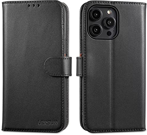 LENSUN Echtleder Hülle für iPhone 14 Pro Max, Handyhülle [Echtes Leder][Magnetverschluss][RFID Schutz] Handytasche Lederhülle für iPhone 14 Pro Max 5G - Schwarz