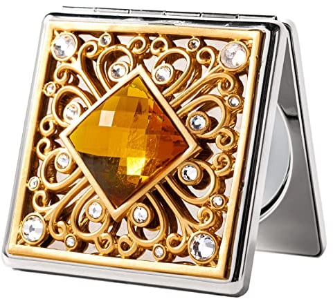 Vintage Personalisierte geprägte (Glas Stein Sticker) Kosmetikspiegel, tragbare 1X/2X Vergrößerungsspiegel (SQ Silber)