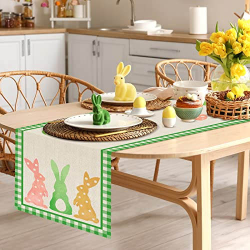 Fennoral Ostern Tischläufer Leinen Ostertischläufer mit Hase Osterei Muster 35x183 cm grün Ostern-Tischläufer Frühling Osterparty Tischdekoration für drinnen und draußen Esstisch