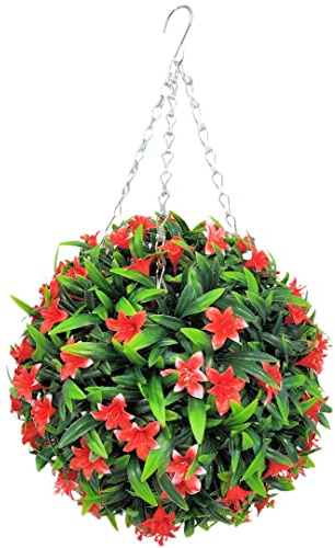 Best Artificial 28cm Lily Topiary Hanging Flower Ball **UV Fade Protected** (Red)