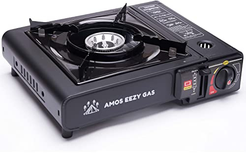 AMOS Eezy Pro Portable Camping Stove Gas or Butane Cooker Single Burner Stove Automatic Ignition System Pan Holder Butane BBQ Carry Box Caravan Outdoor