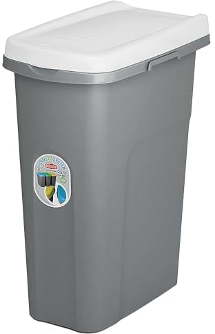 Home Centre Plastic Lift Top Lid Waste Bin Kitchen School 25 Litre White-Grey Slim Recycling General Trash & Storage Recycled Rubbish Organiser Container Dustbin Sturdy Quality Made in Italy