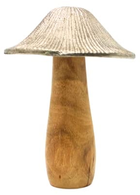 Deko-Pilz mit silbernen Metall Pilzkopf, Pilzstiel aus Mangoholz, Silber und braun, Größe: H/Ø ca. 16 x 11 cm