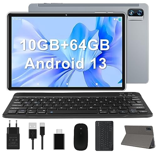 YESTEL Android 13 Tablet 10 Zoll 10GB RAM 64GB ROM TF 1TB | WiFi Tablet PC mit Gehäuse Tastatur Maus | BT5.0 | Kamera 13MP+5MP | 8000mAh | Face ID | HD Tablet Slim & Light | Grau