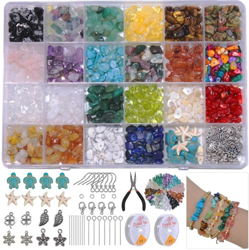 BLAESIFF Schmuck Selber Machen Set, 5-8 mm Naturstein Perlen für Schmuck Kristall perlen Selber Machen Set für DIY Armbänder, Halsketten, Armbänder, Ohrringe, Edelsteine zum Auffädeln