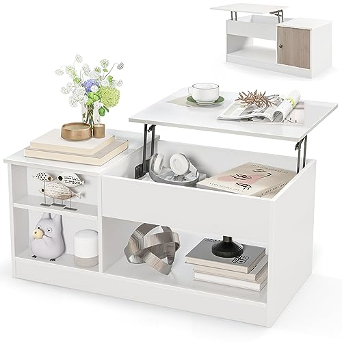 COSTWAY Lift Up Top Coffee Table, Wooden Lifting Cocktail Center Table with Hidden Compartment, Door Cabinet & Open Shelves, Adjustable Rectangular Accent Sofa Side Tea Table for Living Room Office