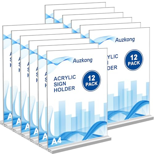 A4 Acryl Zeichen Halter, Doppelseitiger vertikaler Ausstellungsstand, Plastikpapierhalter, T-förmiger Desktop Display Stand, Tisch Menü Display Stand für Restaurants, Büro, Geschäft, Show (A4-12 Pack)