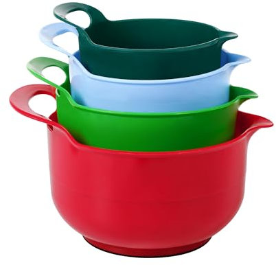 BoxedHome 4 Pack Nesting Mixing Bowl Christmas Set with Pour Spout and Handle, BPA free Microwave & Dishwasher Safe(Christmas colours, 4 Pack with Handle, Random colour silicone scraper included)