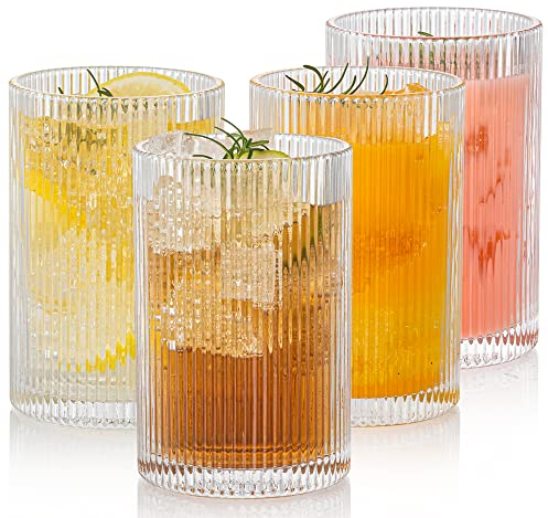 POLIDREAM Geriffelte Gläser 4er Set, 500ml Vintage Cocktailgläser, Romantische Kaffeetassen Origami-Stil Glasbecher, Trinkgläser Set ideal für Mojito Gläser, Biergläser & Kaffeeglas