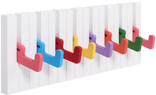RICOO Garderobenhaken Wandhaken WM1885-M, Kindergarderobe Hakenleiste Klavier Design, Bunte Holz-Garderobenleiste, Modern & Klappbar, 8 Ausklappbare Haken für Kinderzimmer, Flur und Küche - 39x15x2cm