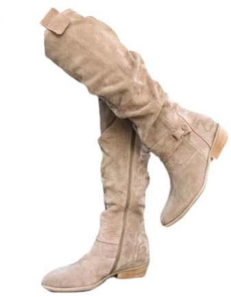 EGSDMNVSQ Stivali al Ginocchio Donna Stivali Lunghi in Pelle Scamosciata Caldi Stivali da Cowboy al Ginocchio Stivali Invernali con Cerniera Stivali con Tacco Largo e Stivali Western con Tacco Basso