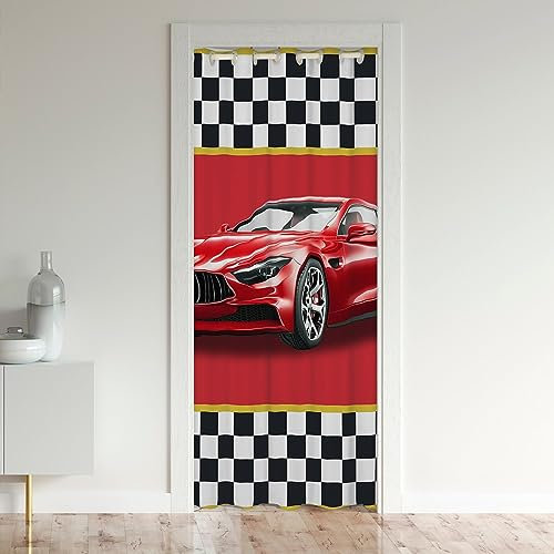 Homewish Rideau de Porte Voiture de Course 150x203 cm Garçons, Rideau Occultant Voiture de Sport pour Chambre, Rideau de Porte Sports Extrêmes, Rideau de Séparation À Carreaux Géométriques