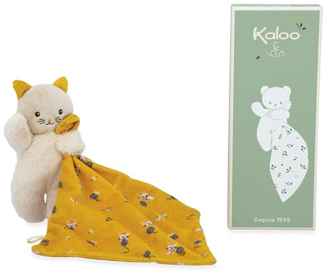 KALOO - Weiches Stoffquadrat - Kuscheltier Gelbe Katze - Plüschtier Baby - Quadratisch 18 x 18 cm gelb Umweltverträgliches Material - FSC-Geschenkbox - Ab Geburt, K226003