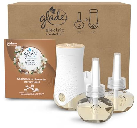 Glade Electric Scented Oil Diffuseur Réglable - Infusé Aux Huiles Essentielles - Jusqu'à 120 Jours De Parfum - Sensual Sandalwood & Jasmine - 1 Diffuseur + 3 Recharges 20ml