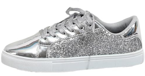 ticticlily Sneakers Damen Pailletten Flache Low Atmungsaktiv Glitzer Turnschuhe Outdoor Sportschuhe Laufschuhe Plate Schuhe Schnürsenkel Walkingschuhe G Silber 39 EU