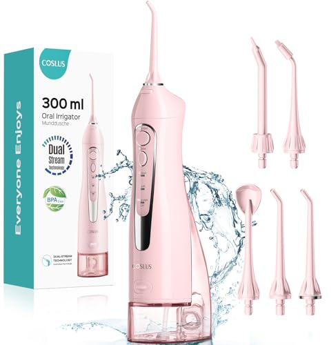 COSLUS Water Dental Flosser Teeth Pick C20: Portable Cordless Oral Irrigator 300ML Rechargeable Travel Irrigation Cleaner IPX7 Waterproof Electric Flossing Machine for Teeth Cleaning, Pink