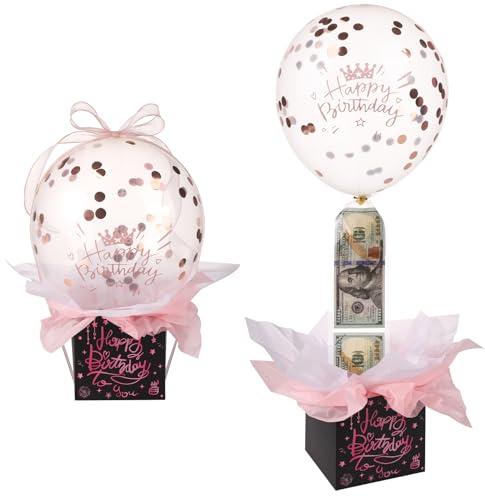 Pull Geld Ballon Box für Geldgeschenke, Lustig Happy Birthday Überraschungsset Mit Band Und Halter - Herausziehbare Geschenke für Freundin Ehefrau (Rosa)