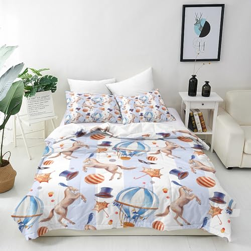 ANHOPE Zirkus Pferd Maskenhut Bettwäsche Set 3 Teilig Weich Bettbezug 155x220 cm & 2 Kissenbezug 80x80 cm Microfaser Bettbezüge Set mit Reißverschluss Ganzjahres Bettdeckenbezug Set