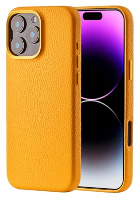Leather Case for iPhone 16 Pro Case Compatible with MagSafe- Stylish Litchi Top Grain Cowhide Genuine Leather Phone Case with Protective Soft Lining, Metal Buttons & Camera Frame, 6.3 Inch