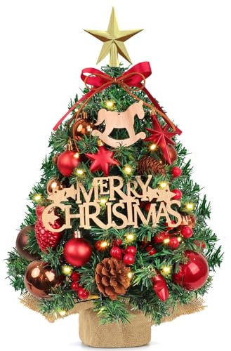 AFXXE Albero di Natale Piccolo, 45cm Mini Alberello Natale con Soprammobile E Luci LED Incorporate, Moderni Artificiali Christmas Tree Addobbato, Base Legno Alberi Natale usato per Tavolo Decorazione