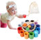 Pesoncarl Sensory Toys For Babies, Balls in Cups Toy Rainbow Wooden Sorter Game Colour Recognition Toddler Matching Game Toys 12 Colors