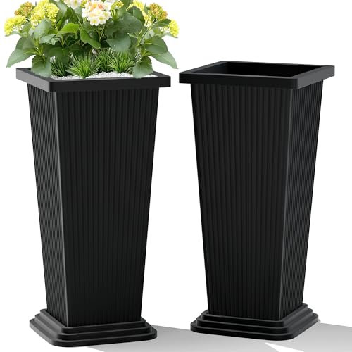 TUYOHW Lot de 2 Grands Pots de Fleurs pour intérieur ou extérieur de 61 cm de Haut avec Soucoupe pour terrasse, Jardin, Grands Pots de Fleurs pour Plantes d'intérieur et d'extérieur (Noir, rayé)