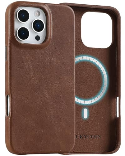 LUCKYCOIN Magnetic Phone Case for iPhone 16 Pro Max 6.9 in,Compatible with MagSafe Wireless Charging,Genuine Leather Case with Metal Buttons,Shockproof Screen Protector Phone Bumper Cover-Dark Brown