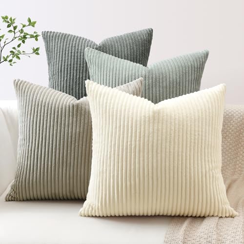 JOTOM 4er Set Cord Kissenbezüge Kissenhülle Dekorative Zierkissen Couchkissen Sofakissen Dekokissen Kordsamt Kissenbezug Deko Kissenhülle für Sofa Wohnzimmer (40x40cm, Grau Creme)