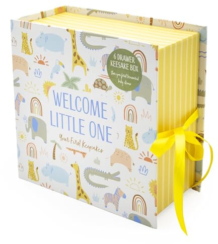 Lullaby Animals Baby Keepsake Box – 6 Drawer Memory Box for Newborn Mementos – Baby Gift with Ribbon Closure