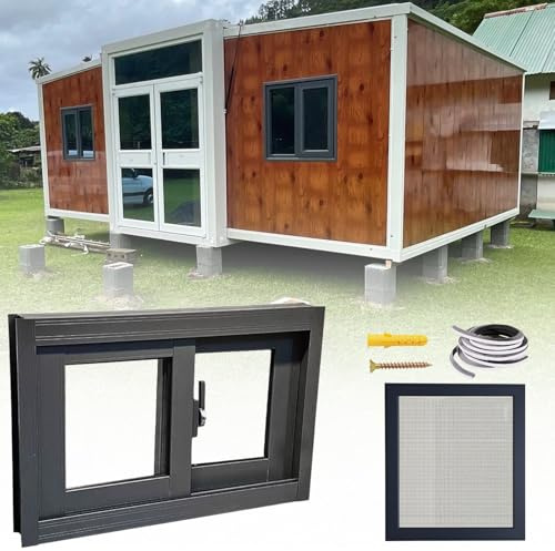 Aluminium-Schiebefenster mit Sichtfenster, gehärtetes Sicherheitsglas, kleiner Schuppen, Gartenhaus, Fenster für Hühnerstall und Keller, wetterbeständig, einfache Installation, Dunkelgrau, 60 x 55 cm