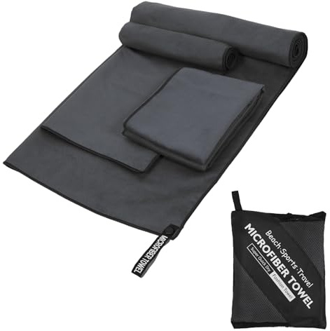 Juego de 3 Toallas de Microfibra, 1 Toalla Grande (180x60 cm) + 2 Toallas Pequeñas (80x40 cm), Ligeras y Secado Rápido Toallas para Gimnasio, Viaje, Playa, Piscina, Camping y Yoga (Gris Oscuro)