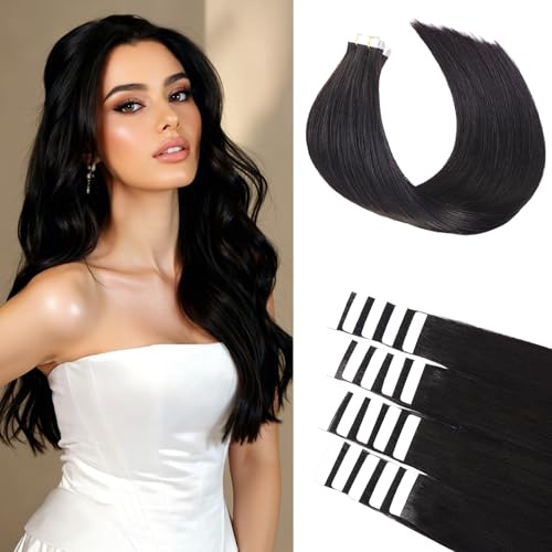 BLONDE UNICORN Tape Extensions Echthaar 20pcs Extensions Echthaar 60cm Natürliches Schwarz Invisible Tape in Extensions Echthaar Skin Weft Haarverlängerung 50g(24inch,1B#)