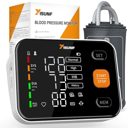 Yisunf Blutdruckmessgerät Oberarm mit großem LED-Display, Ein-Knopf-Bedienung, 2 Benutzer, 2 x 120 Speicherplätze, Arrhythmie-Erkennung, WHO-Farbskala, Manschette 22–42 cm