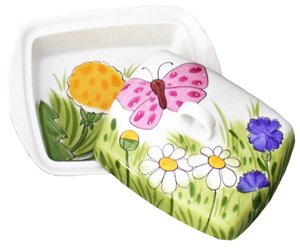 Helina Tilk à Alla de s tous les points Beurrier avec fleurs roses papillon rose Porcelaine Peint à la main