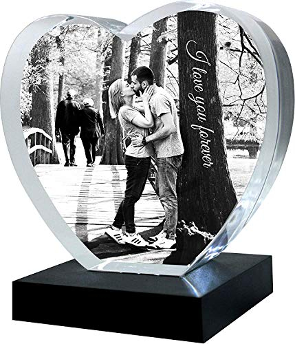 Galerie Kristall Kristall-Glas Herz ohne Spitze mit Wunsch-Bild und Wunsch-Text (Größe XXL, 150 x 140 x 50mm, mit LED-Lichtsockel inkl. Batterien)