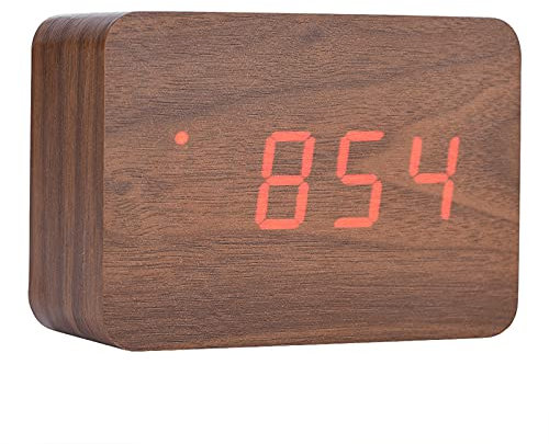 Socobeta Wecker Digitaluhr Elektronische Holzuhr aus Holz mit LED-Temperaturanzeige Nachttischuhr mit Klangregelung(Braunes Holz + rotes Licht)