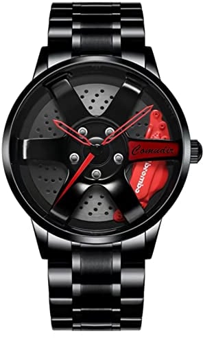 RWXCOW Herren Uhr Kreativ Armbanduhren,Autorad Felgennabenuhr,Auto Rad Felgen Nabe Uhr, Männer Sport Wasserdicht Armbanduhr,3D Auto Rad Felge Nabe Quarz Herrenuhr .schwarzerStahlmitroterNadel