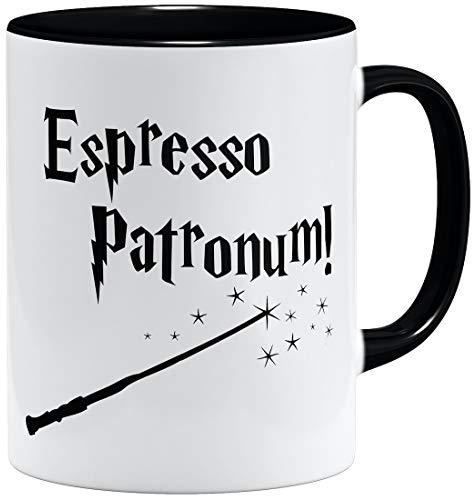 OM3® Taza de cerámica con diseño de varita mágica, 325 ml, impresión en ambos lados, color negro