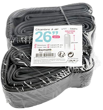 RAYMOND - Cámara de aire de 26 pulgadas para bicicleta (MTB adulto) - Lote de 2 - Válvula grande - Dimensiones de la cámara de aire 1,5/2 - Esta cámara de aire adecuada para bicicletas o bicicletas de