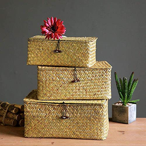 YSGLIFE Set mit 3 Seegras Gewebt Rattan Rechteckiger Ablagekorb Aufbewahrungsbox mit Deckel Mehrzweck Organizer Boxen für Kleidung, Make-up, Bücher und Regale (Klein/Mittel/Groß)